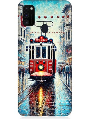 Samsung Galaxy M30S Uyumlu Yağmurlu Sokakta Kırmızı Tramvay  Desenli Silikon Kılıf