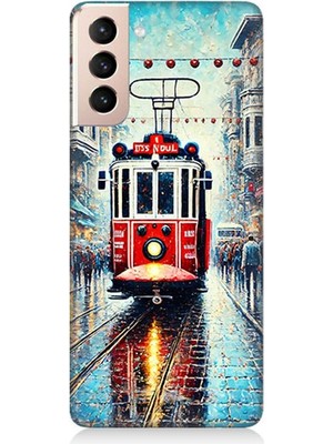 Samsung Galaxy S21 Plus Uyumlu Yağmurlu Sokakta Kırmızı Tramvay  Desenli Silikon Kılıf