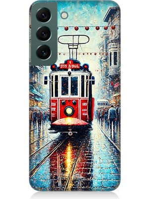 Samsung Galaxy S22 Uyumlu Yağmurlu Sokakta Kırmızı Tramvay  Desenli Silikon Kılıf