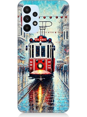 Samsung Galaxy A53 Uyumlu Yağmurlu Sokakta Kırmızı Tramvay  Desenli Silikon Kılıf