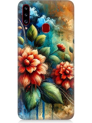 Samsung Galaxy A20S Uyumlu Kırmızı Çiçek ve Tomurcuklar  Desenli Silikon Kılıf