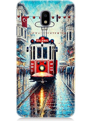 Samsung Galaxy J2 Pro Uyumlu Yağmurlu Sokakta Kırmızı Tramvay  Desenli Silikon Kılıf