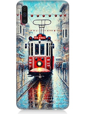Samsung Galaxy A50 Uyumlu Yağmurlu Sokakta Kırmızı Tramvay  Desenli Silikon Kılıf
