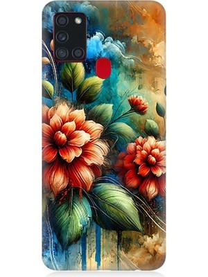 Samsung Galaxy A21S Uyumlu Kırmızı Çiçek ve Tomurcuklar  Desenli Silikon Kılıf