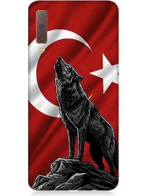 Samsung Galaxy A7 2018 Uyumlu Bayrak Önünde Uluyan Kurt  Desenli Silikon Kılıf