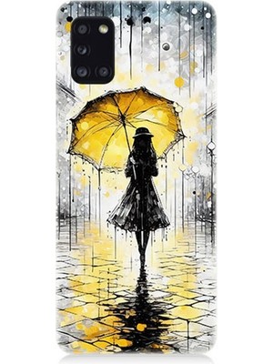 Samsung Galaxy A31 Uyumlu Yağmurda Sarı Şemsiye Altında  Desenli Silikon Kılıf