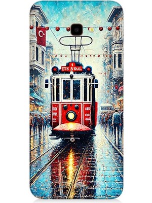 Samsung Galaxy J4 Plus Uyumlu Yağmurlu Sokakta Kırmızı Tramvay  Desenli Silikon Kılıf