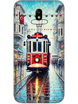 Samsung Galaxy J7 Pro Uyumlu Yağmurlu Sokakta Kırmızı Tramvay  Desenli Silikon Kılıf