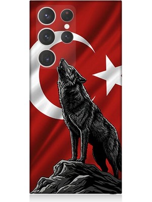 Samsung Galaxy S23 Ultra Uyumlu Bayrak Önünde Uluyan Kurt  Desenli Silikon Kılıf