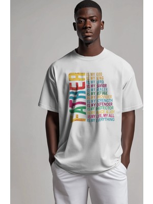 Renkli Father Baskılı Tişört, Oversize Babalar Günü Temalı T-Shirt