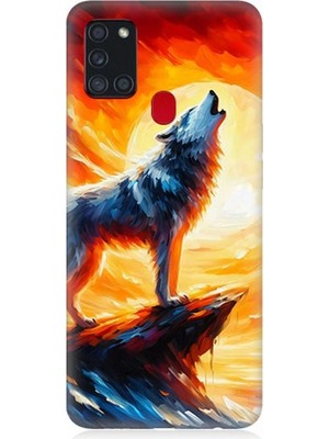 Samsung Galaxy A21S Uyumlu Kayalıkta Uluyan Kurt Yalnızlığı  Desenli Silikon Kılıf