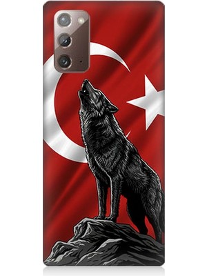 Samsung Galaxy Note 20 Uyumlu Bayrak Önünde Uluyan Kurt  Desenli Silikon Kılıf