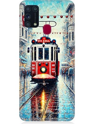 Samsung Galaxy M31 Uyumlu Yağmurlu Sokakta Kırmızı Tramvay  Desenli Silikon Kılıf