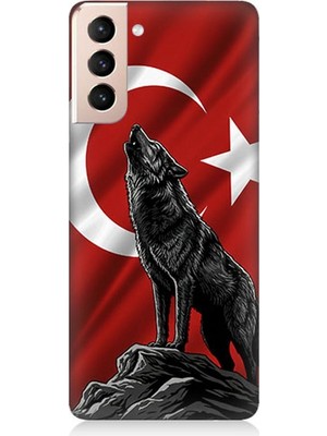 Samsung Galaxy S21 Plus Uyumlu Bayrak Önünde Uluyan Kurt  Desenli Silikon Kılıf