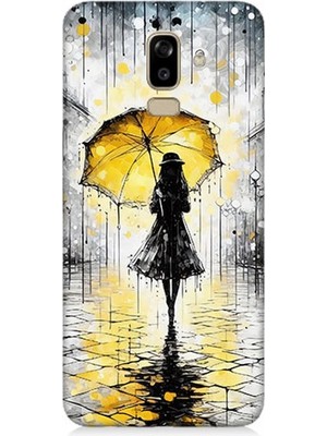 Samsung Galaxy J8 Uyumlu Yağmurda Sarı Şemsiye Altında  Desenli Silikon Kılıf
