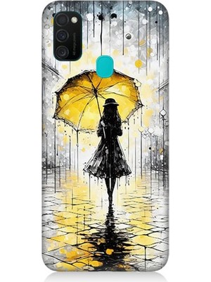 Samsung Galaxy M21 Uyumlu Yağmurda Sarı Şemsiye Altında  Desenli Silikon Kılıf