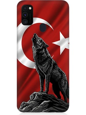 Samsung Galaxy M30S Uyumlu Bayrak Önünde Uluyan Kurt  Desenli Silikon Kılıf