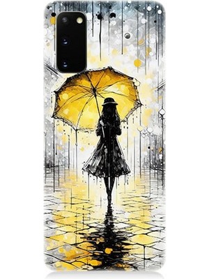 Samsung Galaxy S20 Plus Uyumlu Yağmurda Sarı Şemsiye Altında  Desenli Silikon Kılıf