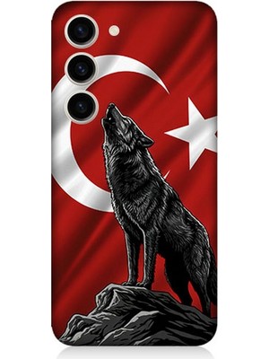 Samsung Galaxy S23 Uyumlu Bayrak Önünde Uluyan Kurt  Desenli Silikon Kılıf