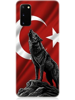 Samsung Galaxy S20 Plus Uyumlu Bayrak Önünde Uluyan Kurt  Desenli Silikon Kılıf
