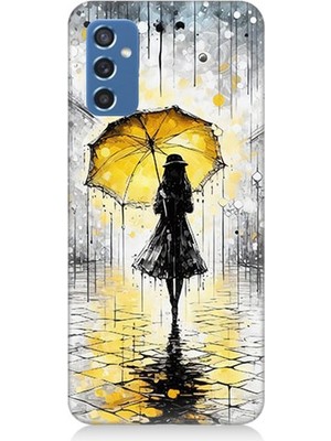 Samsung Galaxy M52 Uyumlu Yağmurda Sarı Şemsiye Altında  Desenli Silikon Kılıf