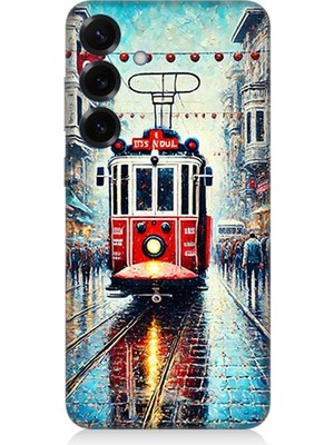 Samsung Galaxy S25 Uyumlu Yağmurlu Sokakta Kırmızı Tramvay  Desenli Silikon Kılıf