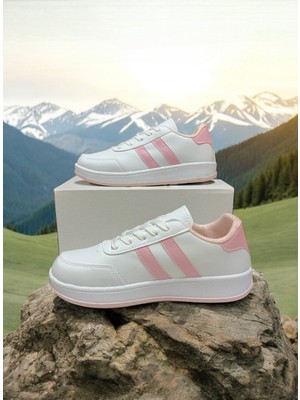 Beyaz-Pudra Iki Bantlı Unisex Günlük Hafif Taban Sneaker Spor Ayakkabı