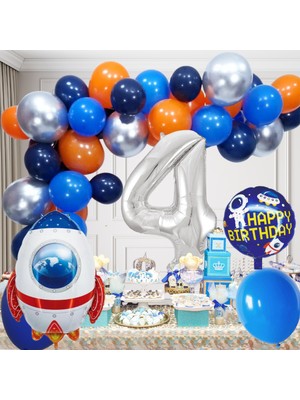 4 Yaş Uzay Temalı Doğum Günü Seti Uzay Mekiği Happy Birthday Yazı Renkli Balonlar Gümüş Folyo Rakam