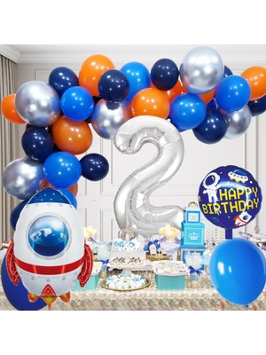 2 Yaş Uzay Temalı Doğum Günü Seti Uzay Mekiği Happy Birthday Yazı Renkli Balonlar Gümüş Folyo Rakam