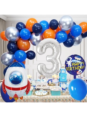 3 Yaş Uzay Temalı Doğum Günü Seti Uzay Mekiği Happy Birthday Yazı Renkli Balonlar Gümüş Folyo Rakam