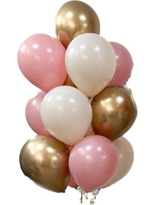 10 Adet 12 Inç Krom Gold Pembe ve Beyaz Karışık Balon