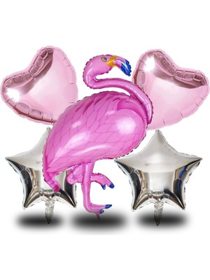 5 Li Flamingo Temalı Gümüş Folyo Yıldızlı Set Doğum Günü Süsü Parti Süsü