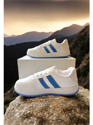 Beyaz-Saks Mavi Iki Bantlı Unisex Günlük Hafif Taban Sneaker Spor Ayakkabı
