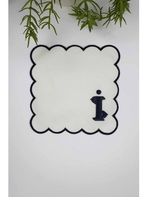 I Harfi Minimal Monogramlı Siyah Nakış Kenarlı Beyaz Kokteyl Peçetesi 1 Adet