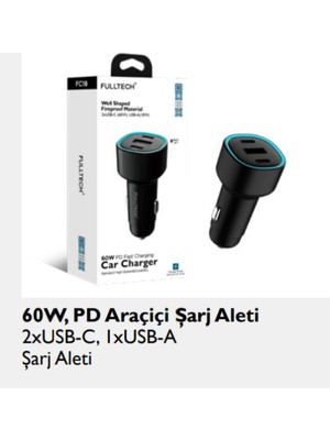 Aydoğan Ticaret44 Fc 18 60W Araç Şarj Başlığı 60W Ligthing 1xusb C , 1 USB