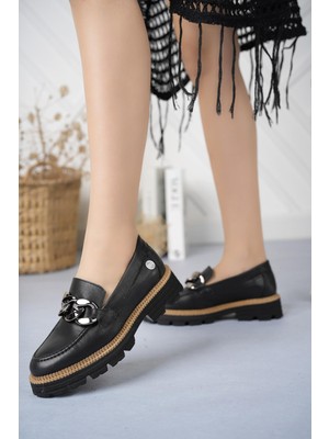 Mammamia D24KA 3185 Siyah Hakiki Deri Zincirli Kadın Ayakkabı