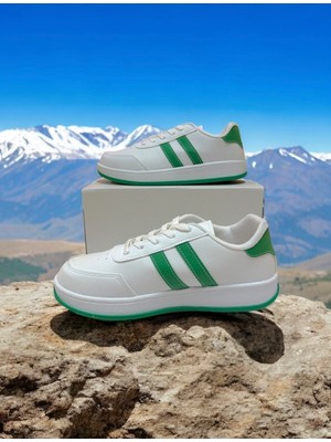 Beyaz-Yeşil Iki Bantlı Unisex Günlük Hafif Taban Sneaker Spor Ayakkabı