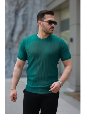 Erkek Kısa Kollu Bisiklet Yaka Çizgili Triko Tişört