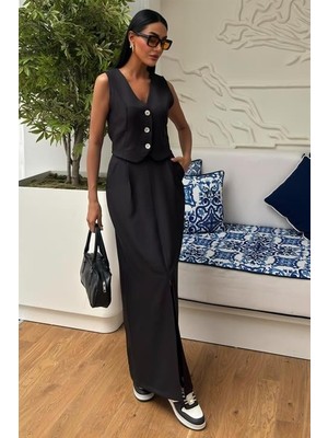 Etek Yırtmaçlı Yelekli Keten Takım 10131