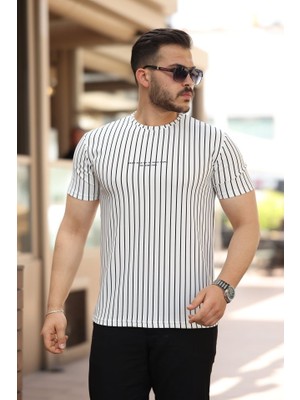 Erkek Dikey Çizgili Ottoman Kumaş Kısa Kollu T-Shirt