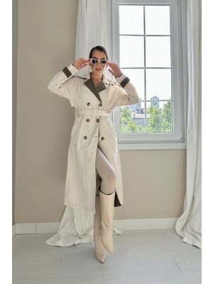 Bej Haki Arkası Çizgili ve Kemerli Trençkot