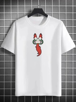 Unisex Bisiklet Yaka Baskılı Oversize T-Shirt - Beyaz