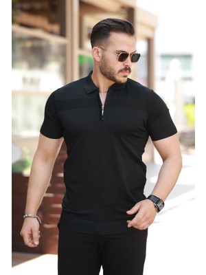 Erkek Göğüs Pirinç Desenli Fermuar Yakalı Kısa Kollu Tişört