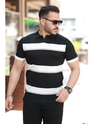 Erkek Şerit Desenli Hemşire Yaka Kısa Kollu Tişört