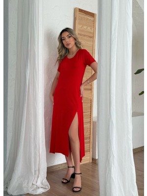 Kadın Kısa Kollu V Yaka Maxi Boy Elbise 124 cm