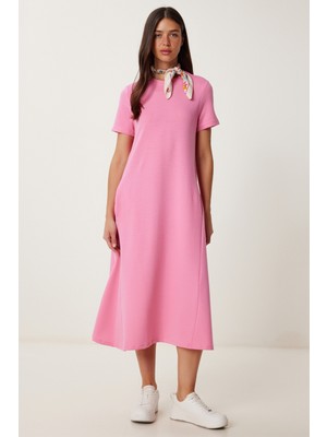 A Kesim Yazlık Örme Elbise LUB0005 PEMBE