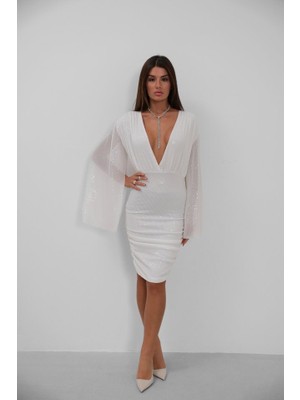 Yarasa Kol Kruvaze Sırt Dekolteli Pullu Elbise
