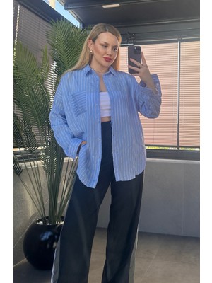 Bebe Mavisi Tek Cepli Çizgili Oversize Modal Gömlek