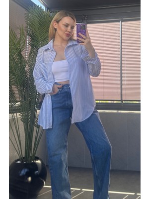 Açık Mavi Tek Cepli Çizgili Oversize Modal Keten Gömlek