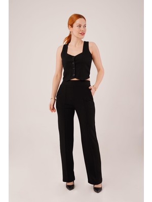 Kalın Askılı Düğmeli Yelek ve Pantolon Siyah Takım